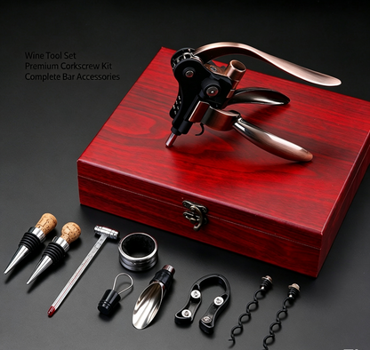 🎁Red wine opener set, rabbit head gift box, leather box, rabbit ears wooden box, nine-piece set, wooden box, rabbit-shaped wine set