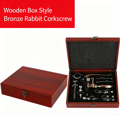 🎁Red wine opener set, rabbit head gift box, leather box, rabbit ears wooden box, nine-piece set, wooden box, rabbit-shaped wine set