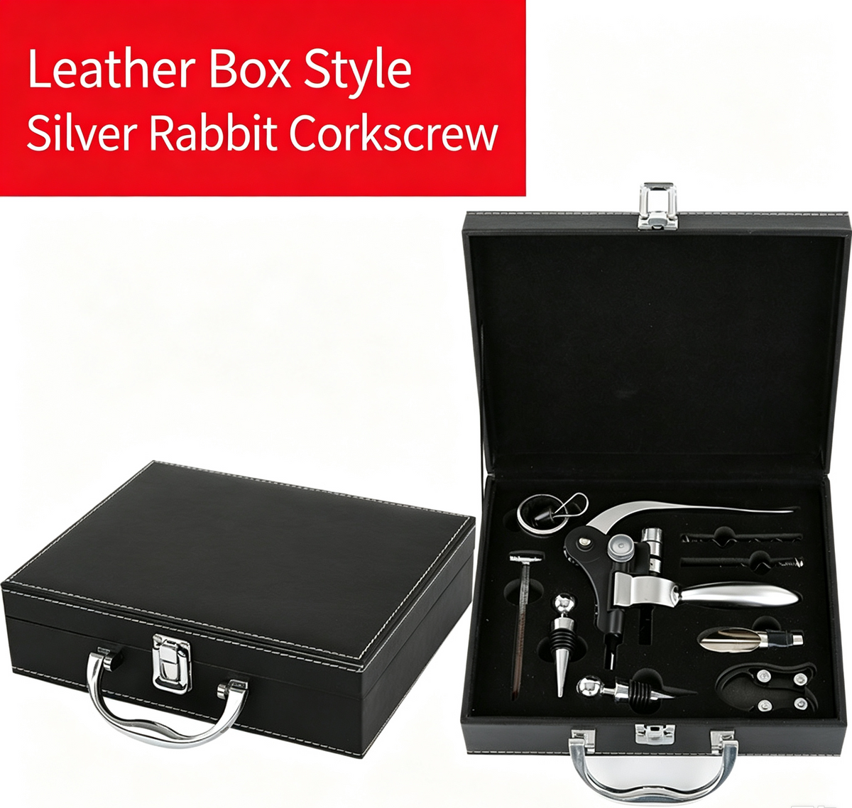 🎁Red wine opener set, rabbit head gift box, leather box, rabbit ears wooden box, nine-piece set, wooden box, rabbit-shaped wine set