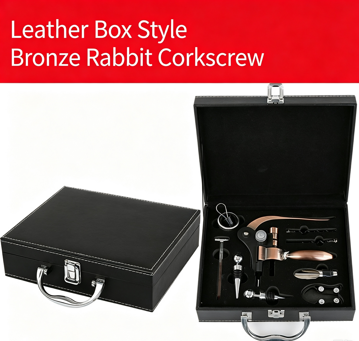 🎁Red wine opener set, rabbit head gift box, leather box, rabbit ears wooden box, nine-piece set, wooden box, rabbit-shaped wine set