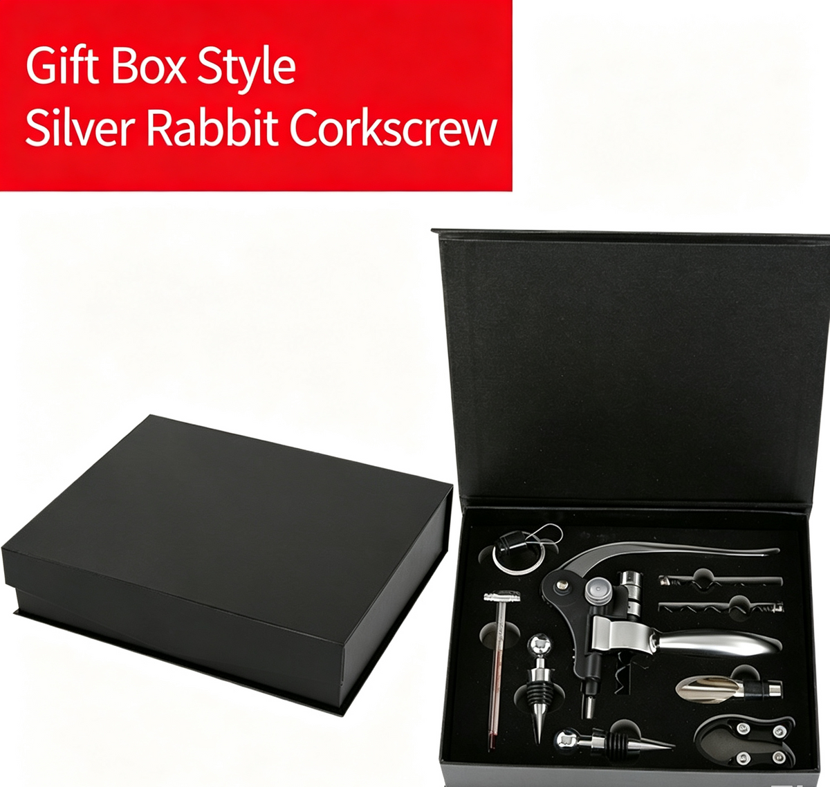 🎁Red wine opener set, rabbit head gift box, leather box, rabbit ears wooden box, nine-piece set, wooden box, rabbit-shaped wine set