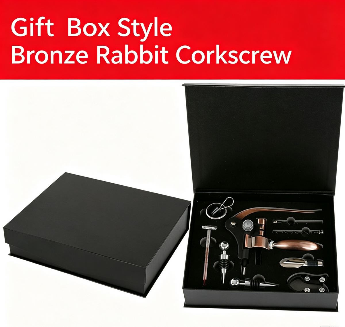 🎁Red wine opener set, rabbit head gift box, leather box, rabbit ears wooden box, nine-piece set, wooden box, rabbit-shaped wine set