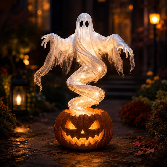 Swirling Ghost Pumpkin Yard Lamp, Spooky Halloween Outdoor Decoration, Lighted Garden Stake, Vintage Design, Unique Halloween Fusion, Cute Holiday Decor, for Porch Tree Party