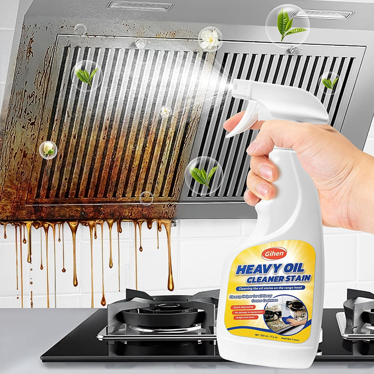 Heavy Oil Cleaner Stain - Effective Multi-Purpose Cleaner 17.6 oz, Includes Spray Bottle & Towel for Cleaning Kitchen, Oven, Stove, Range Hood, Sink