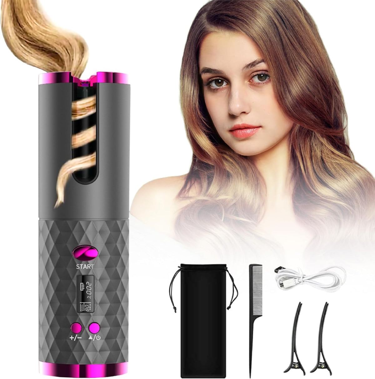 Automatic Curling Iron, Hair Curling Iron for Hair Styling, Cordless Auto Hair Curler, with 6 Temps and Timers, Auto Shut-Off, Fast Heating, Rechargeable Cordless Hair Curler 1 (Gray)