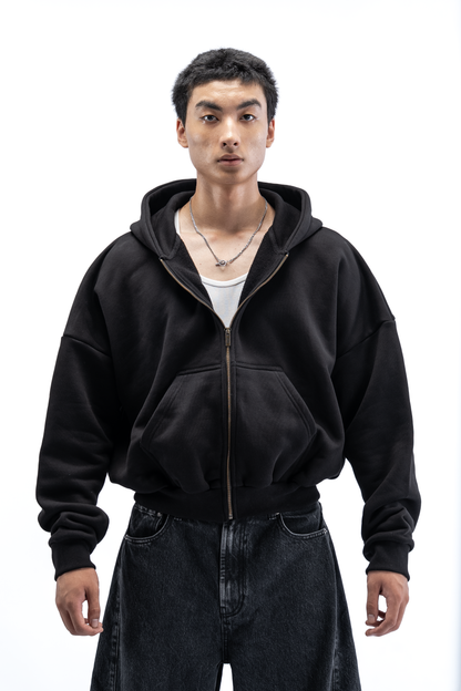Heavy Pima Fleece Cropped Zip - Black