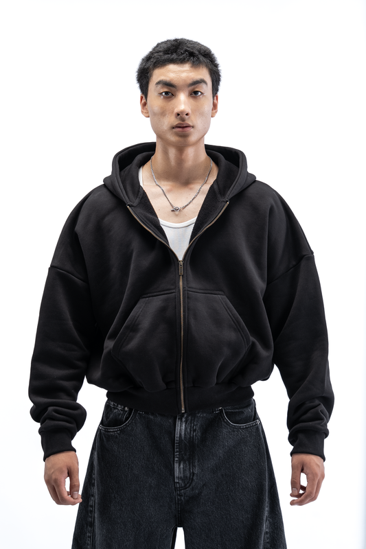 Heavy Pima Fleece Cropped Zip - Black